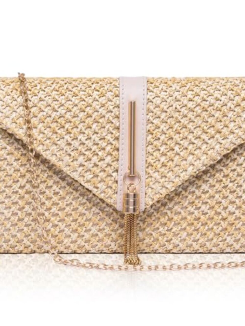 Handwoven Straw Clutch Crossbody Bag with Chain Strap & Tassel